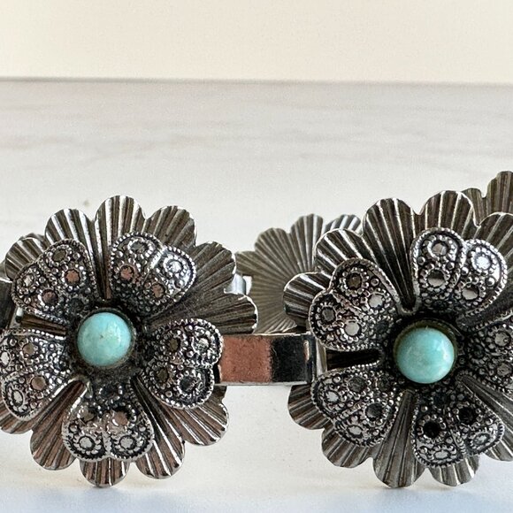 Vintage Floral Silvertone Bracelet With Turquoise Colored Stones 7" - Picture 3 of 11